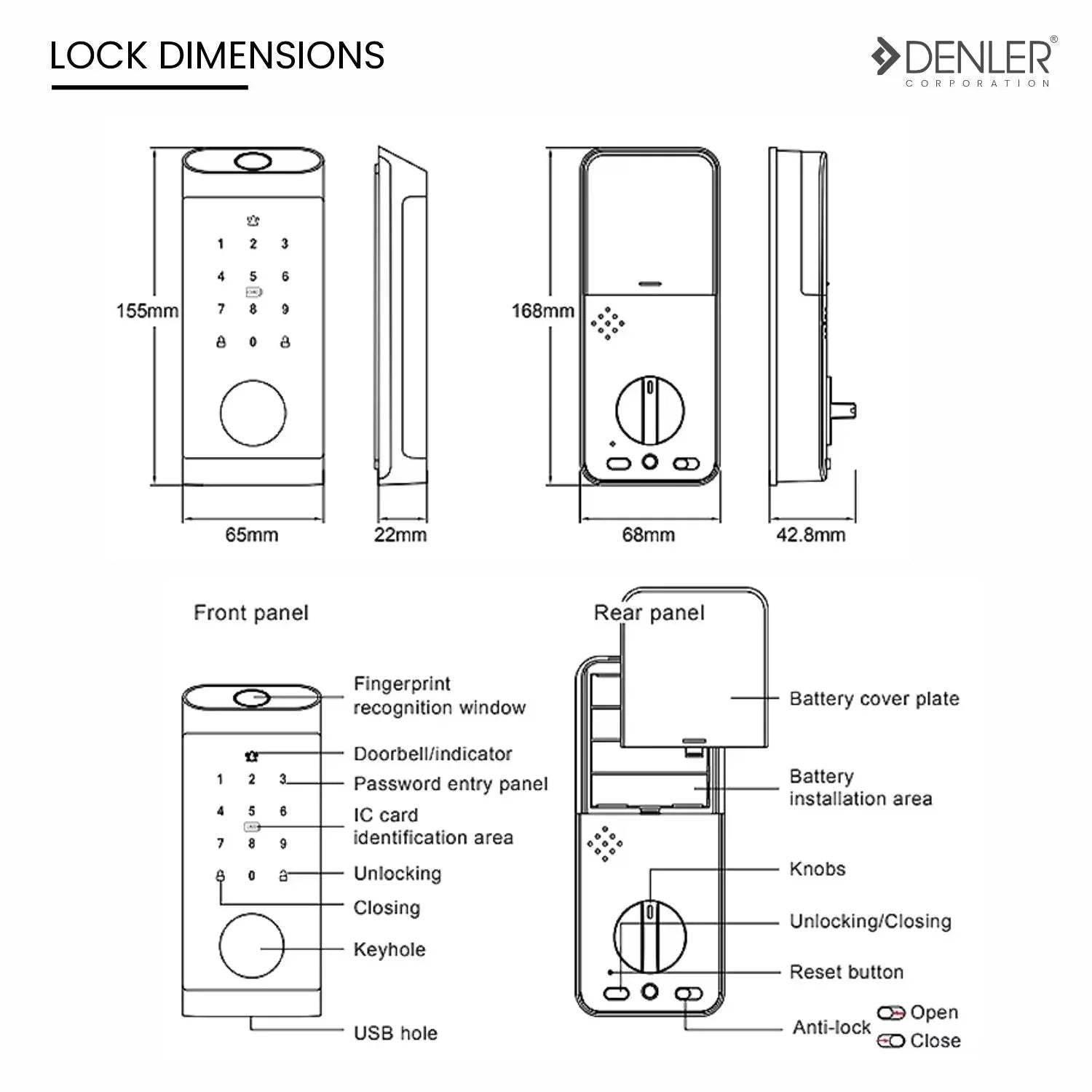 Denler DB04 Fingerprint Lock, RF Remote Controller, Bluetooth Smart Door Lock, Digital Door Lock, PIN, Card, Manual Key Access min 30-60mm Doors - Denler