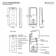 Denler DB04 Fingerprint Lock, RF Remote Controller, Bluetooth Smart Door Lock, Digital Door Lock, PIN, Card, Manual Key Access min 30-60mm Doors - Denler