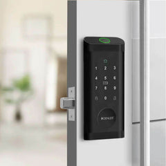 Denler DB04 Fingerprint Lock black digital smart door lock with touchscreen keypad and fingerprint sensor on white door