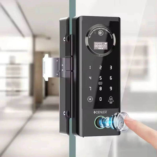 Denler DFS04 digital glass door lock with 3D face recognition, fingerprint scanner, RFID card, PIN, key access, and inbuilt Wi-Fi on a glass door.