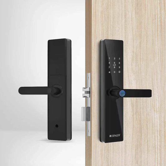 Black Denler DL05 smart door lock with digital touchscreen keypad, fingerprint sensor, and lever handle mounted on wooden door.