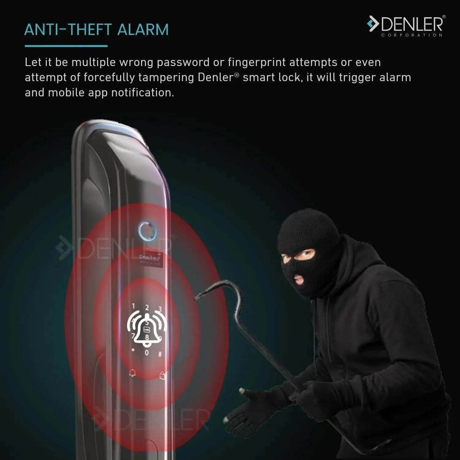 Denler DL01 Smart Door Lock Fingerprint Lock, Inbuilt Wi-Fi, App for Remote Unlocking, RFID Card, PIN, Keys - Denler