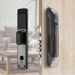 Denler DL01 smart door lock with fingerprint, RFID, PIN, mechanical key, and inbuilt Wi-Fi for remote unlocking installed on wooden door.