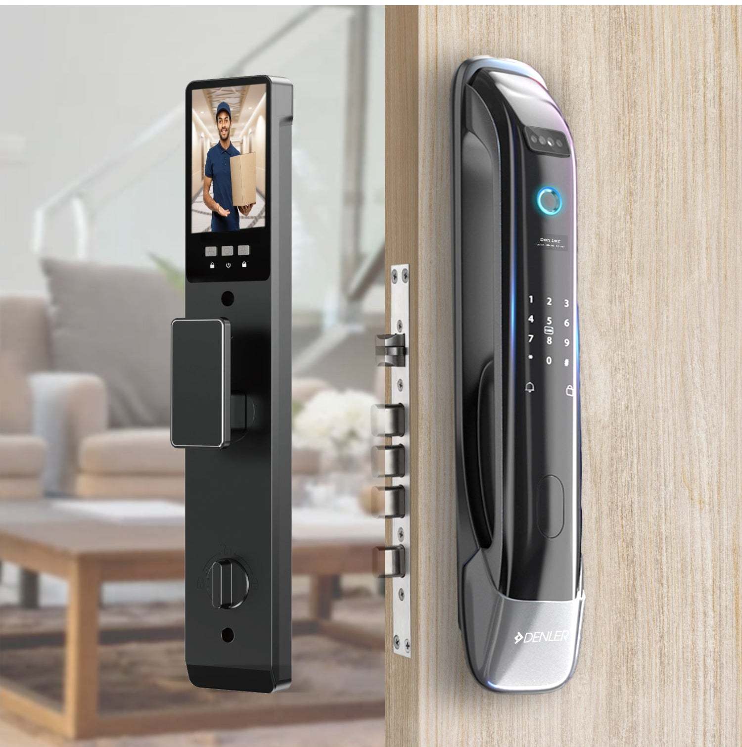 Denler DL02 smart door lock with fingerprint, face ID, RFID, PIN, mechanical keys, built-in Wi-Fi, and app-enabled remote video and unlocking features.