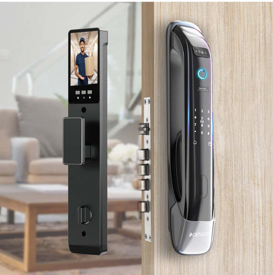 Denler DL02 smart door lock with fingerprint, face ID, RFID, PIN, mechanical keys, built-in Wi-Fi, and app-enabled remote video and unlocking features.