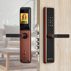 Denler DL04H Fingerprint Lock in rose gold with digital keypad, fingerprint sensor, camera, and Wi-Fi remote unlock features.