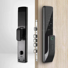 Black Denler DL10v1 smart door lock with Wi-Fi remote unlock, fingerprint sensor, RFID card, PIN pad, and mechanical key on wooden door