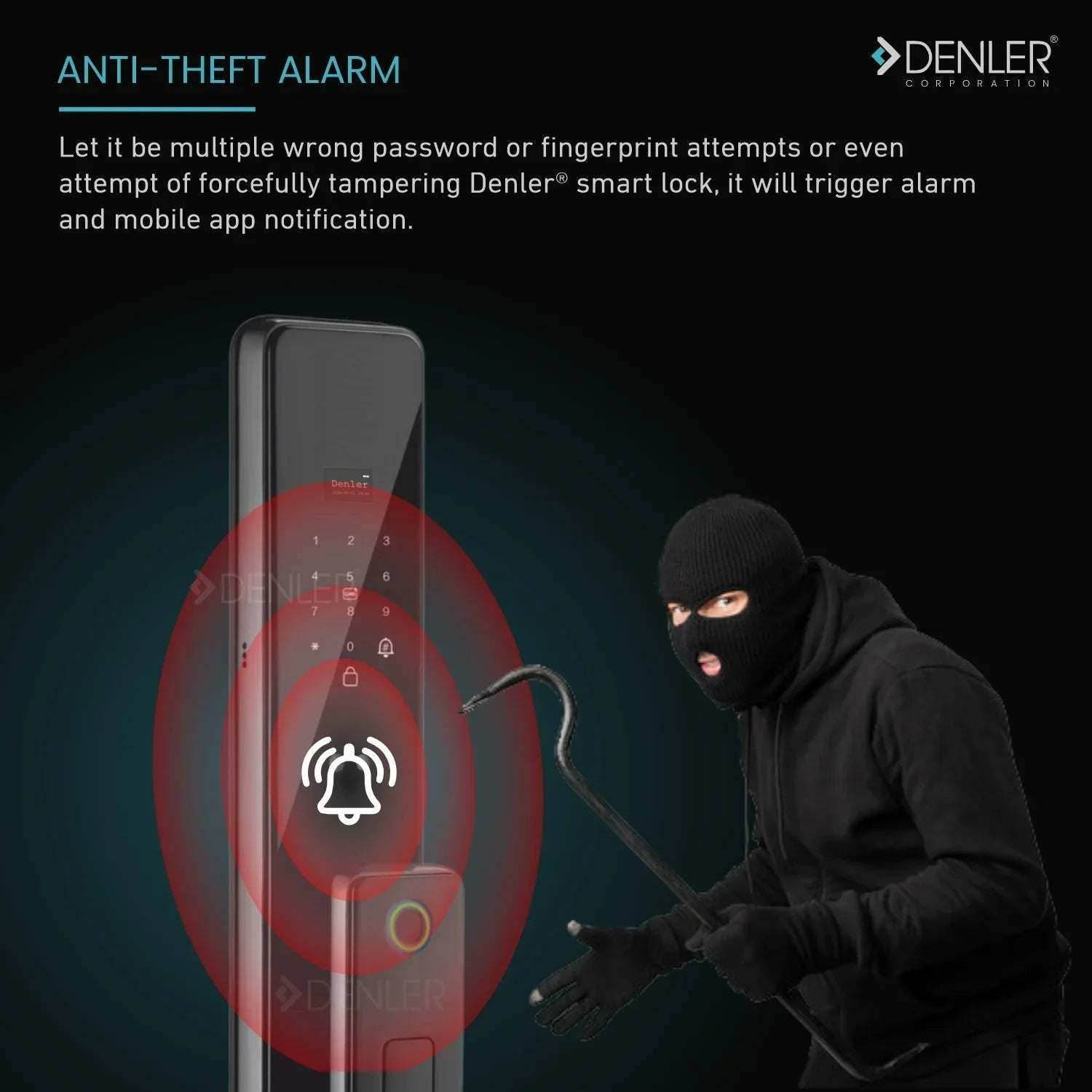 Denler DL10v1 Smart Door Lock, Wi-Fi Remote Unlock App, Fingerprint, RFID Card, PIN, Keys, Copper - Denler