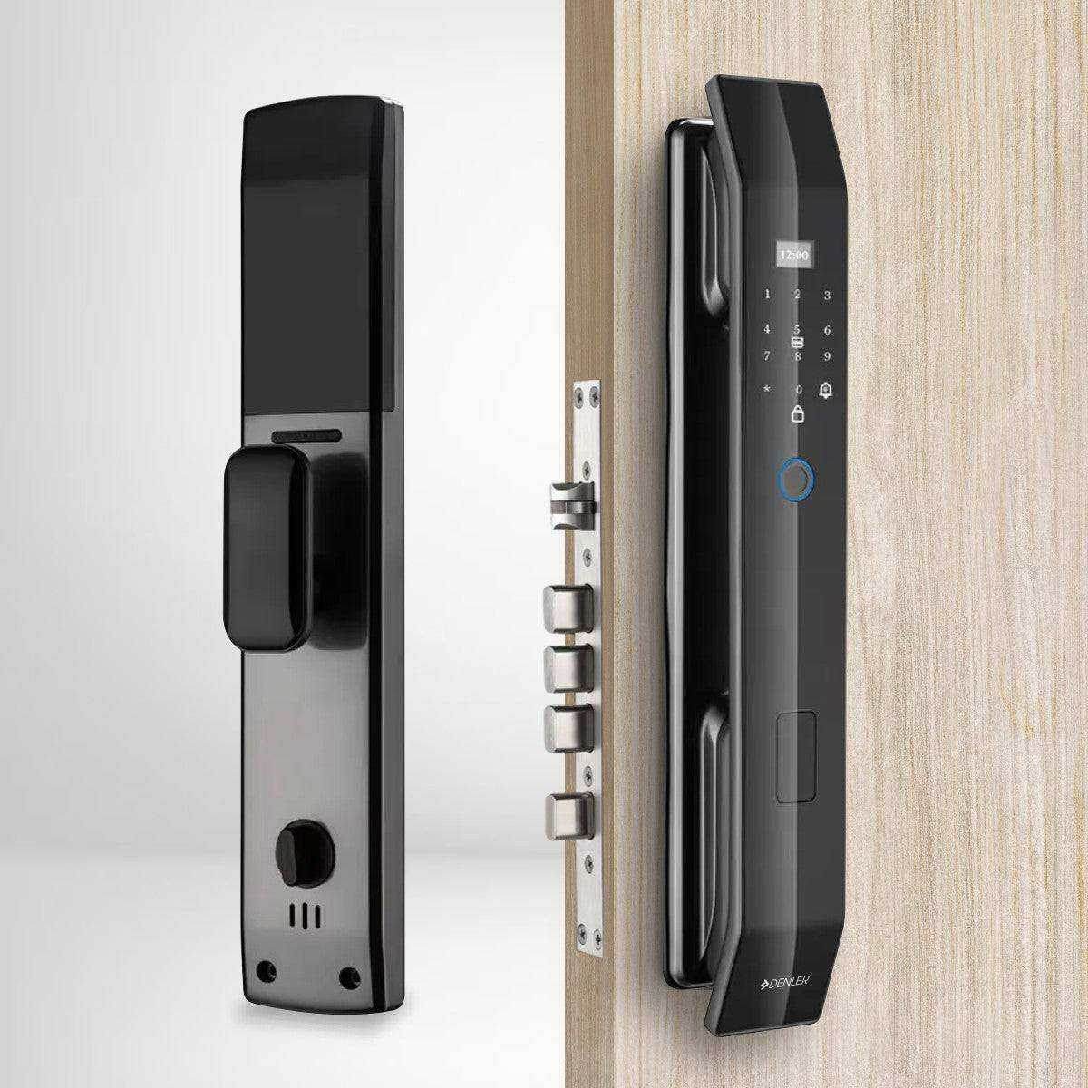 Denler F1 Smart Lock with fingerprint sensor, keypad, RFID, mechanical key, and inbuilt Wi-Fi for remote unlocking on a wooden door.