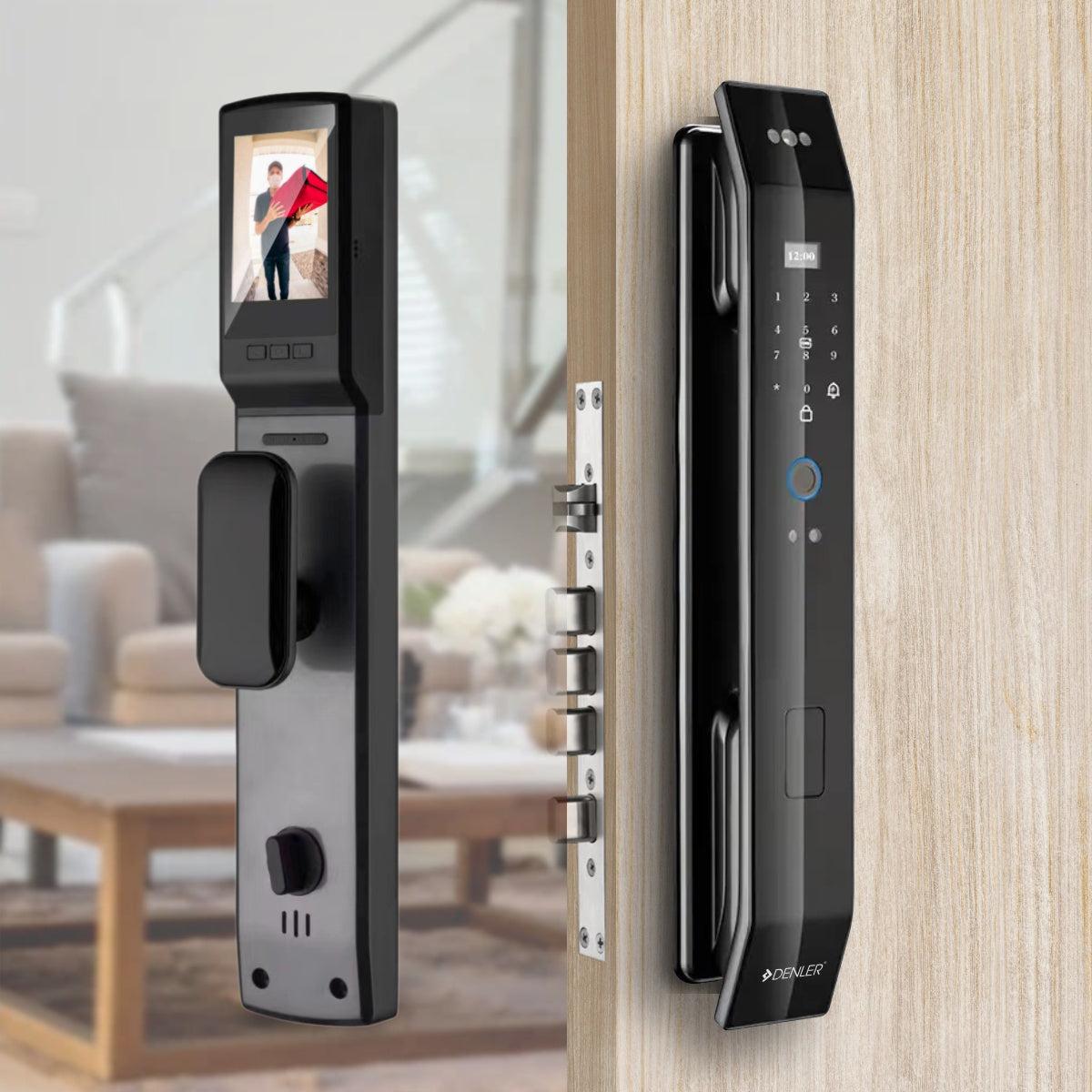 Denler F4 smart door lock with digital touchscreen, face recognition camera, fingerprint sensor, and Wi-Fi remote unlock on wooden door