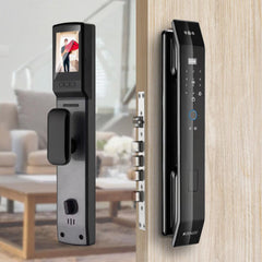 Denler F4 smart door lock with digital touchscreen, face recognition camera, fingerprint sensor, and Wi-Fi remote unlock on wooden door