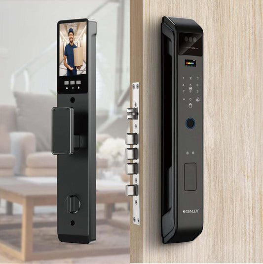 Denler F6 smart door lock with video display, fingerprint sensor, RFID card, PIN, mechanical key, and Wi-Fi remote unlocking features