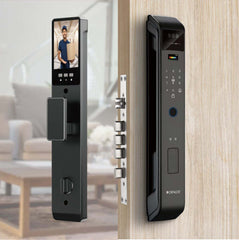 Denler F6 smart door lock with video display, fingerprint sensor, RFID card, PIN, mechanical key, and Wi-Fi remote unlocking features