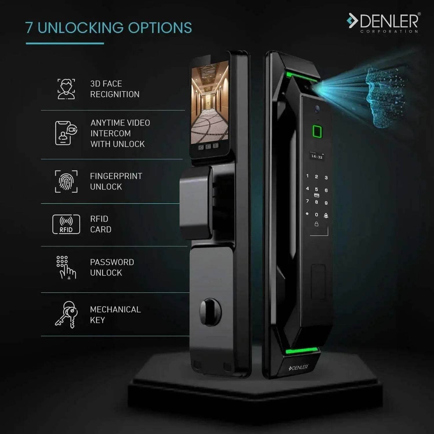 Denler FLv2 Doorbell Lock, Smart Door Lock with Voice Unlock Alexa Google Assistant | Face ID | LCD Display Camera | Inbuilt Wi-Fi for Anytime Video & Unlocking | Fingerprint | RFID Card | PIN | Key - Denler