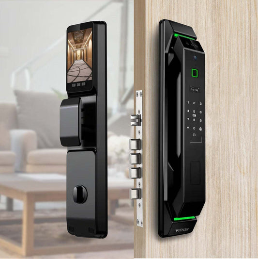 Smart door lock with LCD display, camera, fingerprint sensor, keypad, and multiple unlocking methods including Face ID, voice unlock, RFID card, and mechanical key.