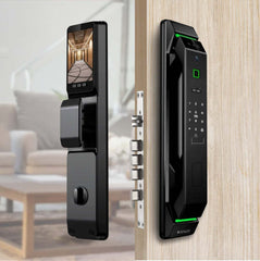 Smart door lock with LCD display, camera, fingerprint sensor, keypad, and multiple unlocking methods including Face ID, voice unlock, RFID card, and mechanical key.