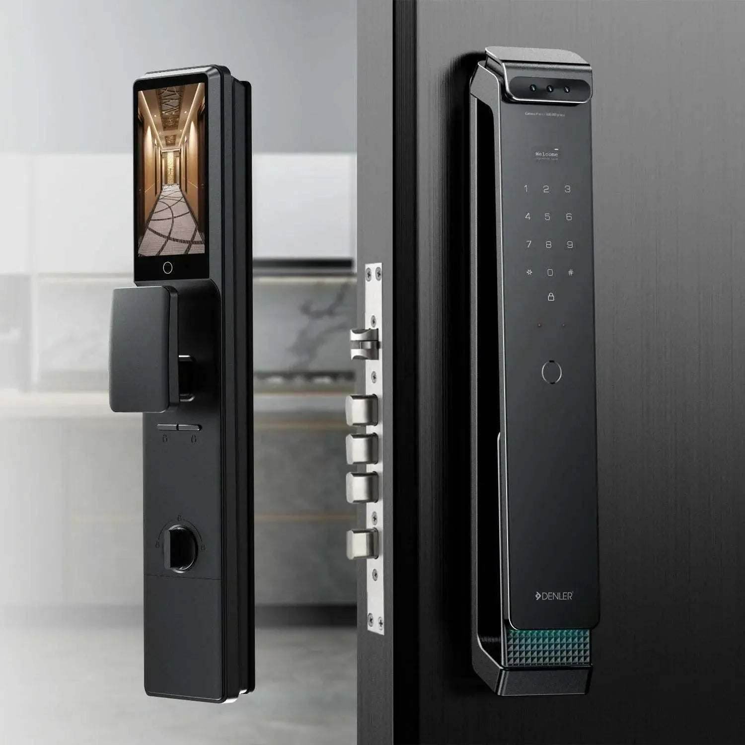 Denler FLv6D smart door lock with fingerprint, 3D face recognition, touchscreen keypad, and Wi-Fi video intercom system on black door.
