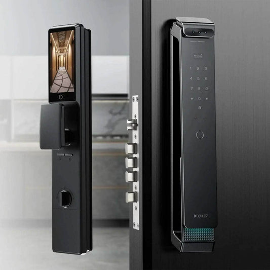 Denler FLv6D smart door lock with fingerprint, 3D face recognition, touchscreen keypad, and Wi-Fi video intercom system on black door.