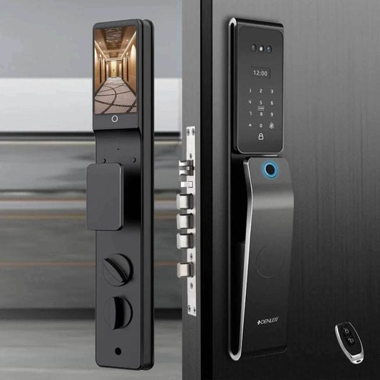 Denler FLv8 8-in-1 Smart Door Lock with 3D Face ID, fingerprint, RFID card, PIN, key, Alexa voice unlock, RF remote, IP65 waterproof, video intercom, and Wi-Fi app control.
