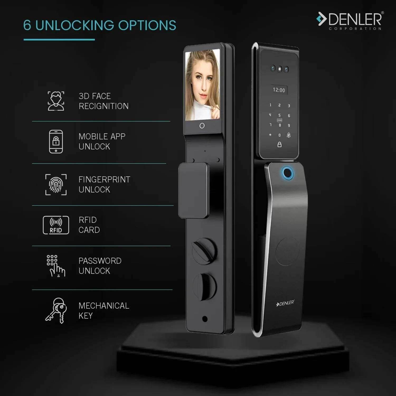 Denler FLv8 8-in-1 Smart Door Lock | Doorbell Lock | Alexa Voice Unlock | 3D Face ID | RF Remote | Fingerprint | IP65 Waterproof | Anytime Video Intercom | Wi-Fi App | Card | PIN | Key - Denler