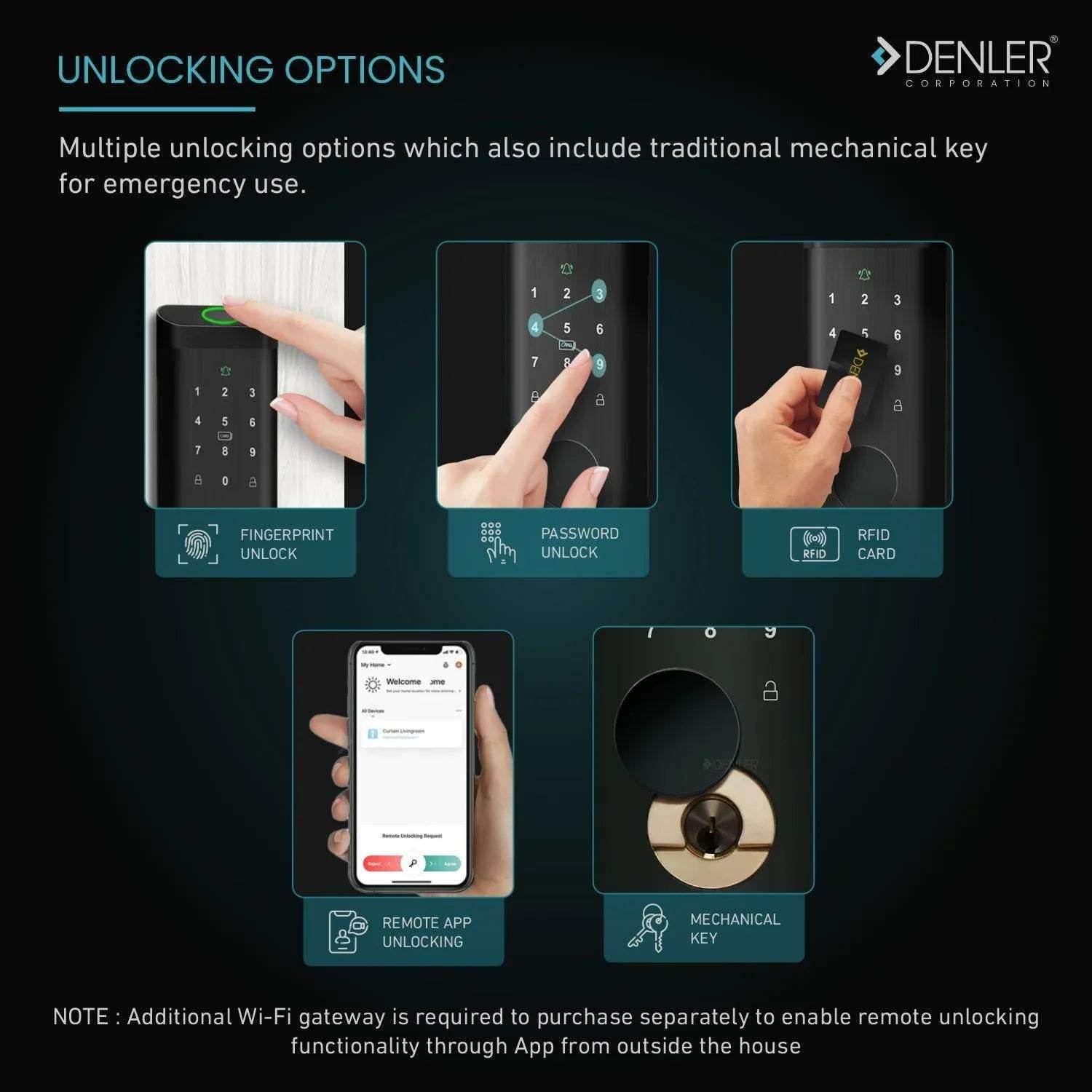Denler DB04 Fingerprint Lock, RF Remote Controller, Bluetooth Smart Door Lock, Digital Door Lock, PIN, Card, Manual Key Access min 30-60mm Doors - Denler