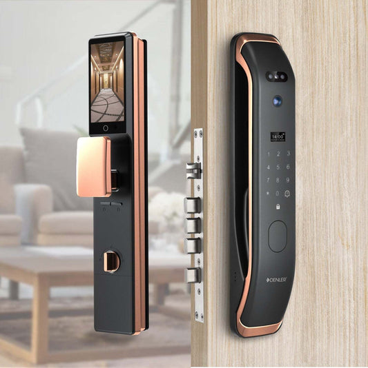Smart Denler fingerprint lock with 3D face recognition, video intercom, keypad, and card access on wooden door