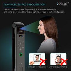 Denler F6 6 in 1 Smart Door Lock, Doorbell Lock, 3D Face Recognition, Fingerprint, Anytime Video Intercom, Wi-Fi App, Card, PIN, Key