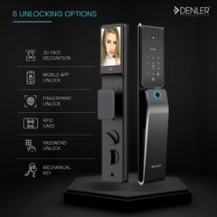 Denler FLv8 8 in 1 Smart Door Lock, Doorbell Lock, Alexa Control, 3D Face Recognition, RF Remote, Fingerprint, Waterproof, Anytime Video Intercom, Wi-Fi App, Card, PIN, Key