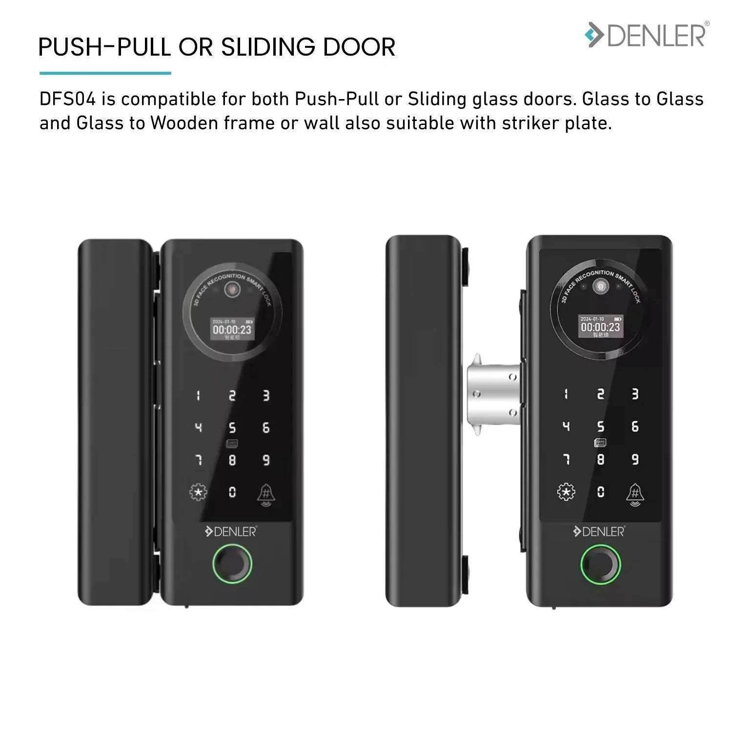Denler DFS04 Glass Door Lock, Digital Door Lock with 3D Face Recognition, Inbuilt Wi-Fi, Fingerprint Lock, RF Remote, Card, PIN - Denler