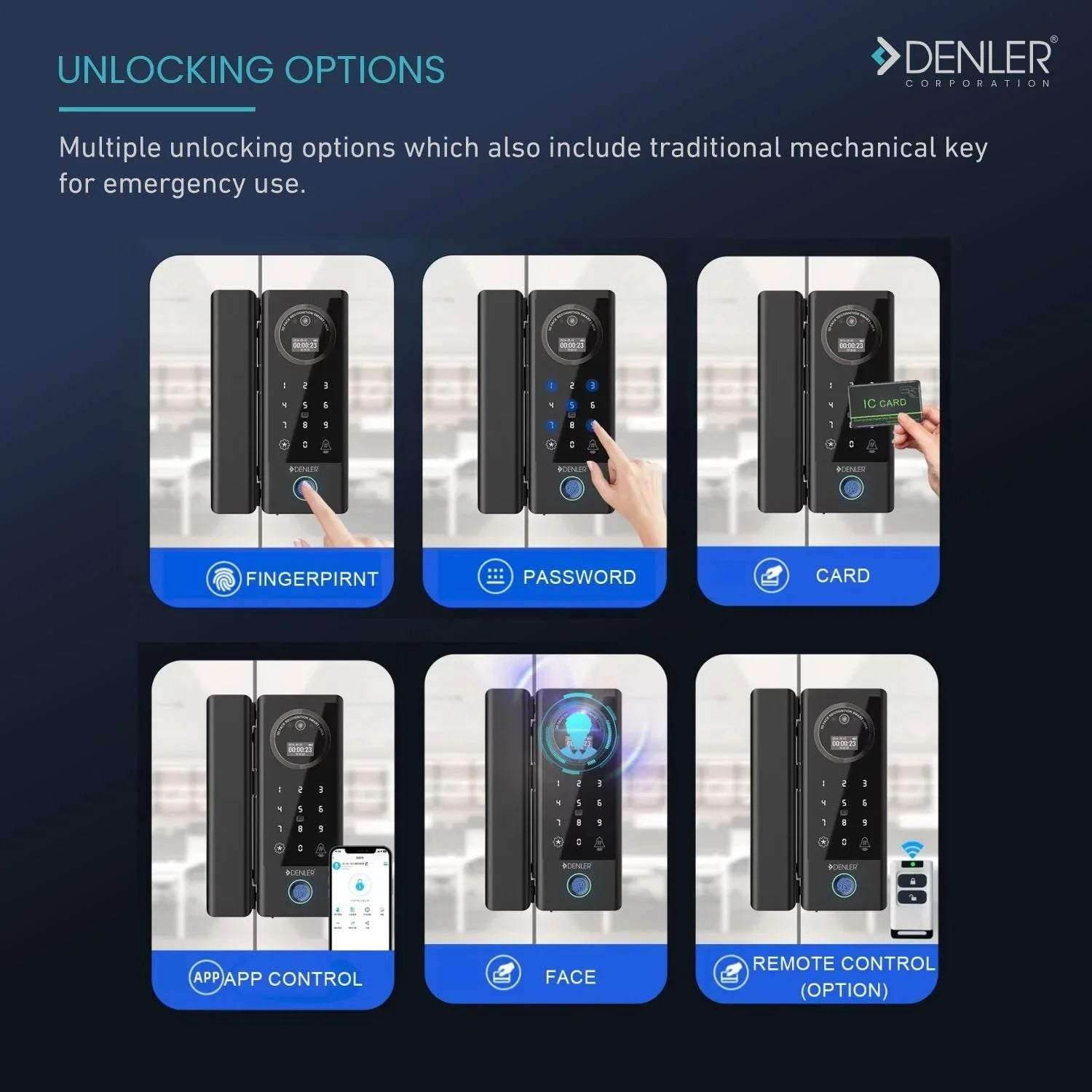 Denler DFS04 Glass Door Lock, Digital Door Lock with 3D Face Recognition, Inbuilt Wi-Fi, Fingerprint Lock, RF Remote, Card, PIN - Denler