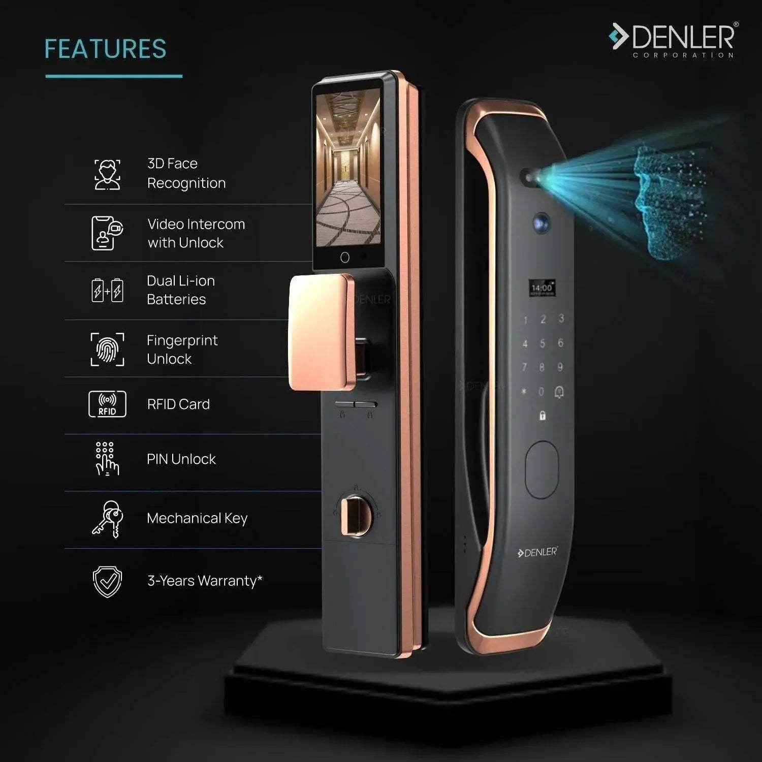 Denler L04v2 Fingerprint Lock, Smart Door Lock, Digital Door Lock 3D Face Recognition, Video Intercom, Dual Battery, Wi-Fi App, Fingerprint, Card, PIN, Key - Denler