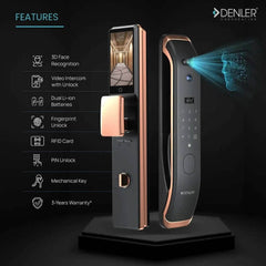 Denler L04v2 Fingerprint Lock, Smart Door Lock, Digital Door Lock 3D Face Recognition, Video Intercom, Dual Battery, Wi-Fi App, Fingerprint, Card, PIN, Key - Denler